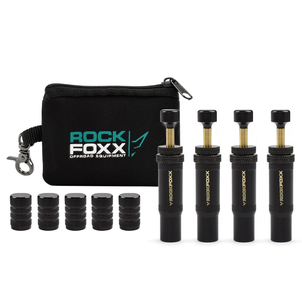 ROCKFOXX 4er Set Reifendruck Ablassventile Automatische Tire Deflators für Offroad, Einstellbarer Druckbereich 0,7-2 bar, inkl. Ventilkappen & Tasche ? Einfache und schnelle Druckanpassung