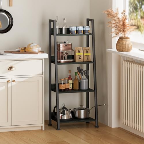 Image of Furologee 4-Tier Ladder Shelf, Ladder Bookshelf with Removable Drawer, Bookcase Storage Rack Organizer, Freestanding Storage Shelves for Living Room, Home Office, Bedroom, Black Oak