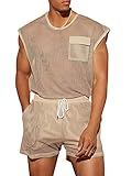 Verdusa Men's 2 Piece Outfit Fishnet Sheer Sleeveless Tank Top and Short Sets Apricot XL