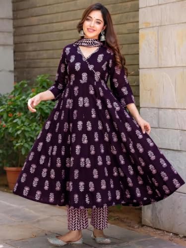Image of Pinkmint Women's Cotton Blend Indigo Printed Printed Kurta with Pant & Dupatta