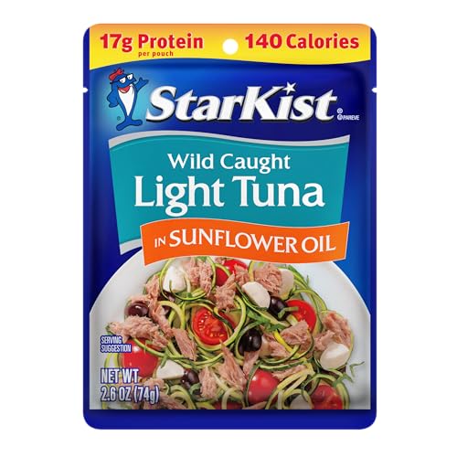 Image of StarKist Chunk Light Tuna in Sunflower Oil, 2.6 Oz, Pack of 24 | 17g Protein Per Serving, Ready to Eat, Shelf Stable Seafood, Gluten Free, Soy Free, No Draining for Salads, Sandwiches