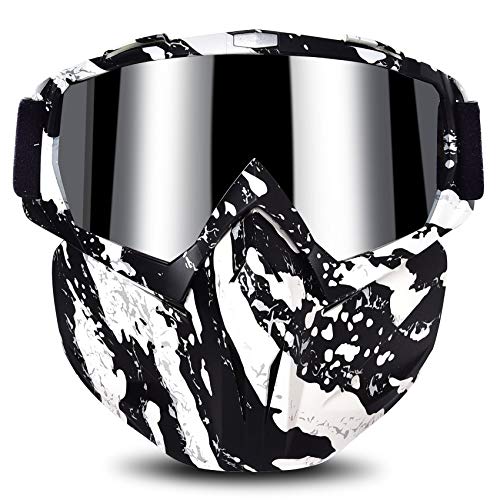 BOLLFO Motorcycle Goggle Mask,Protective Glasses with Detachable Mask for Cycling,Skiing,Paintball,Riding,Snowmobile,Halloween Adjustable Windproof Outdoor Anti-Fog Face Mask (White & Black Frame)