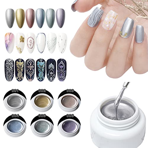 LOKFAR 6 Colors Metallic Nail Polish Nail Art Gel Polish Set, 3D Reflective Metallic Painted Nail Gel Liner Nail Art Polish Emboss UV Gel Nail Polish Gel Paint Nail Painting Kit for DIY Art Nail Salon