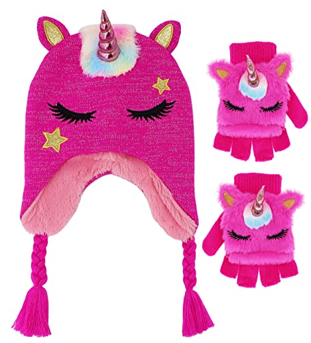 Kids Girls Cute Glitter Unicorn Beanie Winter Hat and Glove Set Knitted Earflap Cap Flip Top Mitten Set
