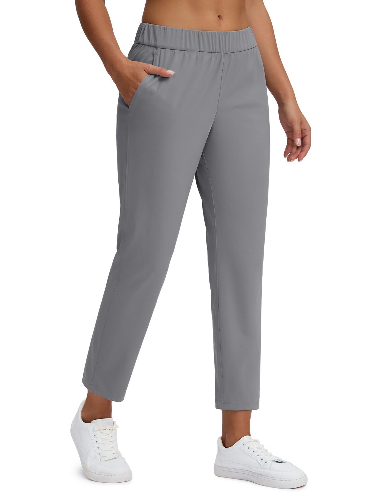 Bobobigo Women's Golf Pants with Deep Pockets Stretch 7/8 Travel Pants High Waisted Ankle Pants Light Grey L