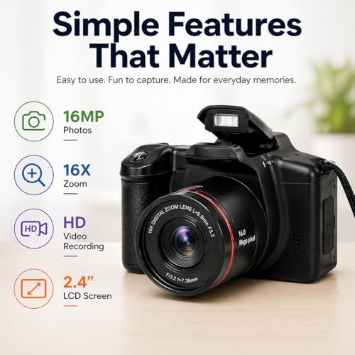 Image of Acuvar 16MP Digital Camera Mini SLR Style Compact Camera with 32GB SD Card, Card Reader, Card Holder 2.4 inch LCD 16X Zoom CMOS Sensor - Point and Shoot Vlogging Camera for Photography YouTube Camera