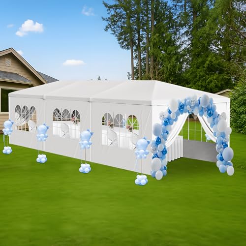 Image of 10' x 30' Outdoor Party Gazebo Tents with 8 Removable Sidewalls, Shade Canopy Tents with Transparent Windows, White Patio Canopy Tent for Party, Wedding, Beach, BBQ, Birthday, Events, Gatherings