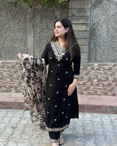 Image of GoSriKi Women's Rayon Blend Straight Embroidered Kurta with Pant & Dupatta