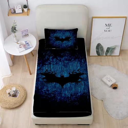 Gusuhome Boys Bats Fitted Sheet Set 3D Printing Bedding Set Queen For Teens 3 Piece (1 Deep Pocket And 2Pillowcases) Microfiber Bed Sheet Set For Kids And Man Blue Black #TOP1