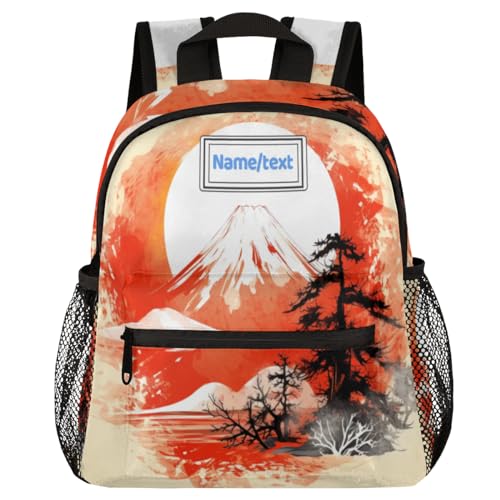 Custom Toddler Backpack for Boy Girl Personalized Kids Backpack with Name, Japanese Mountain Fuji Sun Traditional Preschool Bag with Chest Strap, Nursery Rucksack for Kindergarten Kids Gift