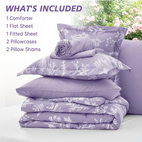 Image of MUXHOMO Oversized Queen Comforter Set, Lavender Elegant Floral Print Bed in a Bag 7 Pieces, Soft & Breathable Reversible Botanical Pattern Bedding Set with Comforter, Sheets, Pillowcases, and Shams