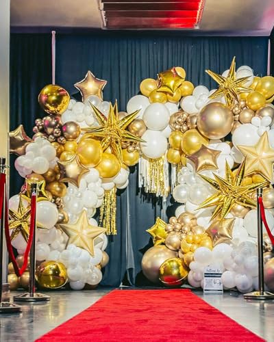 Image of White and Gold Balloon Arch Kit, 146Pcs Explosion Star White Metallic Gold Latex Balloon Garland kit, 22 18 12 10 5 Inch Different Size Balloons for Anniversary Birthday Engagements Party Decorations