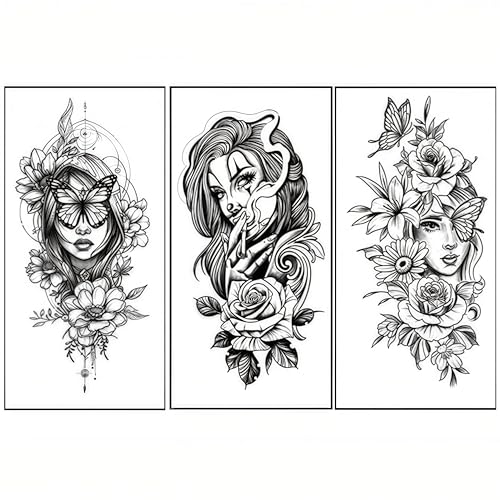 VIBESHOOD 3 Sheets Large Floral Face Temporary Tattoos Lasts 5-7 day Temporary Tattoo Halloween Cosplay Costume Party for Men Women Adults Waterproof Friction Resistant Low Reflective
