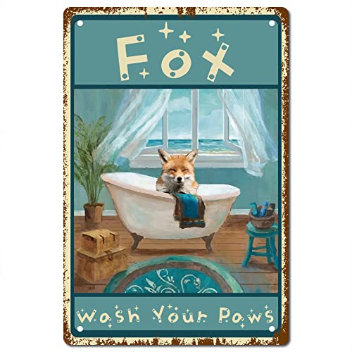 CREATCABIN Plaque en Étain Amusante pour Salle de Bain Fox Wash Your Paws Signs Vintage Wall Art Decoration Plaque Farmhouse Artwork for Bathroom Home Garden Bar Pub Cafe Decor Gifts 8 x 12 inch