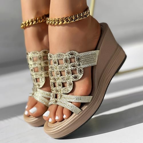 Platform Sandals for Women,Open Toe Causal Chunky Sandals,Women's Slip On Shoes,Bohemian Rhinestone Crystal Comfy Platform Wedge Sandal Summer Beach Travel Shoes Ladies Flip Flops for Women4