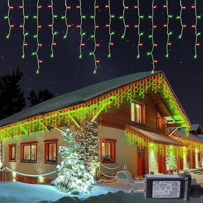 Hopolon 33FT 360L LED Christmas Icicle Lights Outdoor Waterproof,8 Modes Plug in Curtain String Lights with 60 Drops,Christmas Lights for Wedding,Party,Bedroom,Garden,Home,Wall Decorations(Red Green)