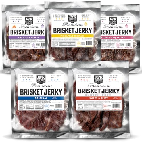 J&K Beef Brisket Bundle – 5 Bold Flavors, Handcrafted & Double Tenderized, 100% USDA Premium Beef Brisket, 2.12oz Bags – Perfect for On-the-Go Snacking & Adventure