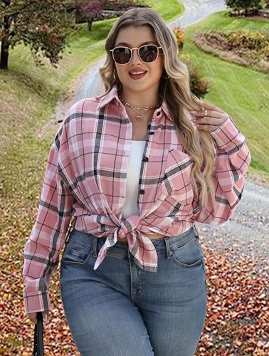 Womens Plus Size Buffalo Plaid Flannel Shirt Long Sleeve Collar Button Down Blouses Loose Lightweight Tops3