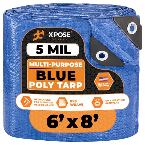 Image of Better Blue Poly Tarp 6' x 8' - Multipurpose Protective Cover - Lightweight, Durable, Waterproof, Weather Proof - 5 Mil Thick Polyethylene - by Xpose Safety