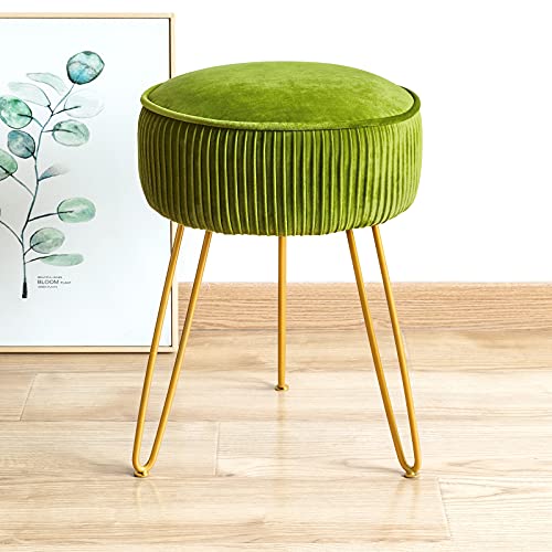 LUE BONA Pleated Vanity Stool, Velvet Upholstered Vanity for Makeup Room, Round Mondern Stool for Vanity, Ottoman Footrest with Metal Legs for Living Room, Bedroom, Matcha Green
