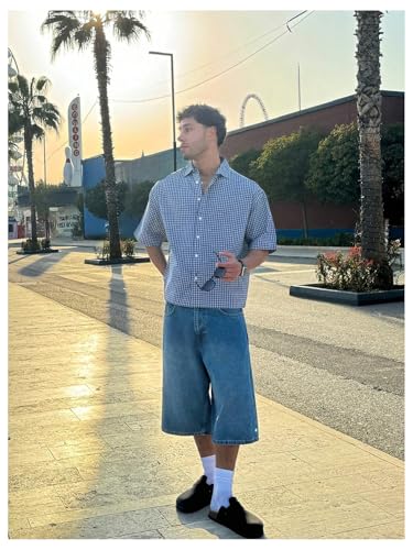 GORGLITTER Men's Plaid Button Down Up Cropped T Shirt Checkered Short Sleeve Collar Loose Street Tops3