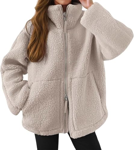 Teddy Fleecejacke Damen Freizeit Winterjacke mit Taschen und Reißverschluss