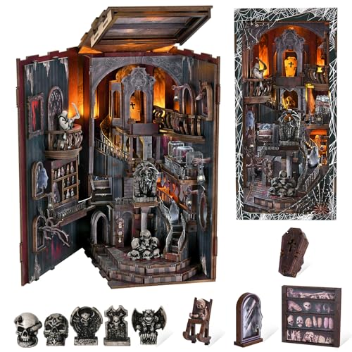 MiniCity Book Nook Kit with LED Light DIY Miniature Dollhouse Booknook Kit Creepy Scary 3D Wooden Puzzle Bookshelf Insert Decor for Stress Relief Craft for Book Lovers & Adult (Haunting Relics)