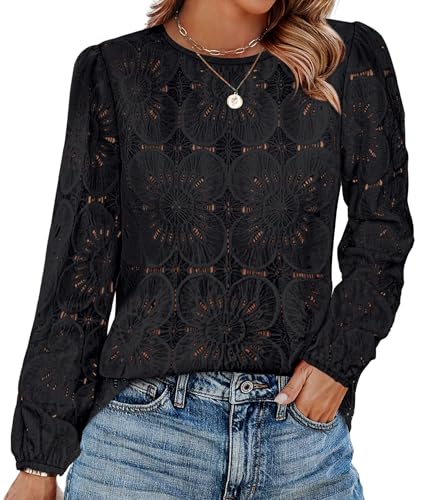 Image of OFEEFAN Blouses for Women Dressy Casual Spring Tops 2026 Summer Outfits Flower Lace Crochet Long Sleeve Shirts