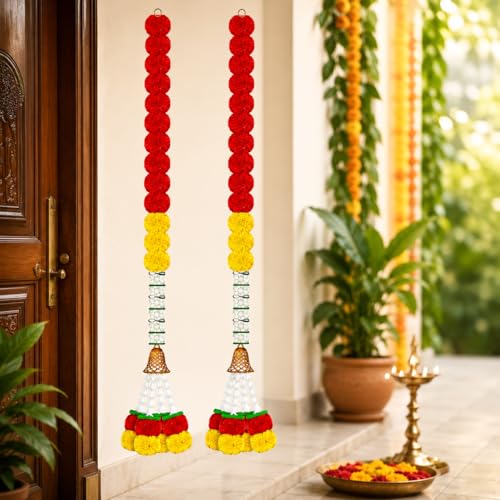 Image of iHandikart Handmade Pack of 2 Artificial Marigold Hanging with Bell & Tassel Traditional Door & Wall Garland for Makar Sankranti, Lohri, Pooja, Home Decor & Housewarming 42 Inch (IHK-HV32105-2)