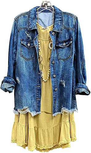 CHARTOU Women's Casual Distressed Long Sleeve Button Down Shirt Ripped Denim Jacket Jean Coat