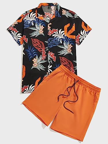 Romwe Men's Summer Graphic Print T Shirt And Shorts Set Tracksuit 2 Piece Outfits Multi And Orange Xxl #TOP4