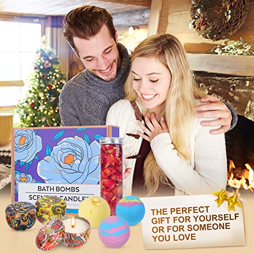 Bath Bombs Gift Set - Set Of 6 Bath Bombs, 3 Scented Candles & Dried Rose Petals, Bubble Fizzies Spa Bath Kit, Shea And Cocoa Dry Skin Moisturize, Birthday Valentines Christmas Gifts For Women,Mom,Her #TOP1