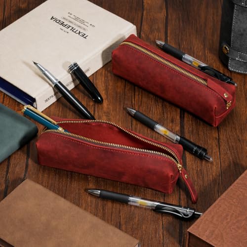 Image of ECHSRT Small Genuine Leather Pencil Pouch for Adults, Red | Crazy Horse Leather Finish, Compact Writing Instrument Storage
