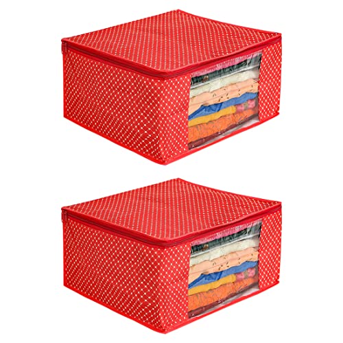 Image of PrettyKrafts Cotton Quilted Large Sari Cover Bag with transparent window, Pack of 2, Red