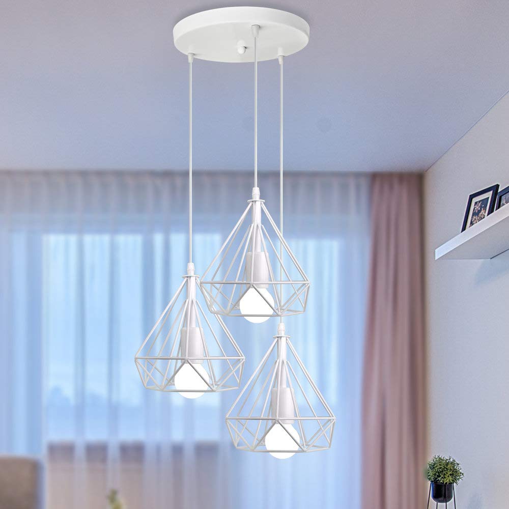 IDEGU Lampadario A Sospensione Industriale Design Diamante – 20 Cm – E27 – Colore Bianco – Per Casa E Locali