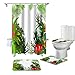 JLDWYKK Duschvorhang 4-teiliges Set Dschungelpflanze Bougainvillea grün und weiß wasserdichter Badvorhang WC-Abdeckung Kissen rutschfestes Teppichset Badewannendekoration