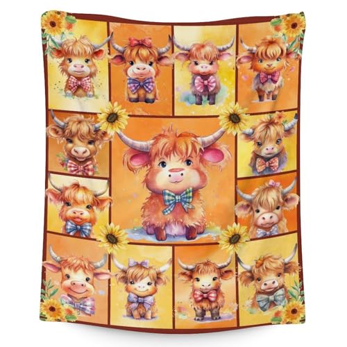 Highland Cow Blanket Gifts - 40x50 Inches Cute Throw Blanket for Girls & Boys - Yellow Soft Fuzzy Blankets for Bed, Couch & Living Room