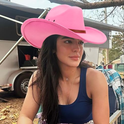 Image of DRESHOW Cowboy Hat for Women and Men Western Felt Cowboy Cowgirl Hat Wide Brim Belt Buckle Retro Fedora Hats Unisex Caps