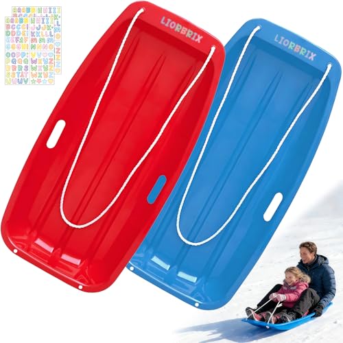 Liorbrix Snow Sled for Kids and Adults, Sturdy Toboggan Sleds with Pull Rope & DIY Stickers, Durable Plastic Sled with Safe Handles for Kids Playing Outdoor Family Winter Joy