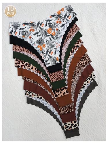 Women's 10 Pack Thongs Set Leopard Print Seamless Brief Floral Scallop Mid Rise No Show Panty Set2