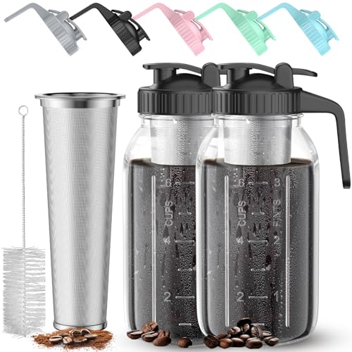 2 Pack 64 oz Cold Brew Coffee Maker Jar - Thick Glass Cold Brew Maker with Handle, Stainless Steel...