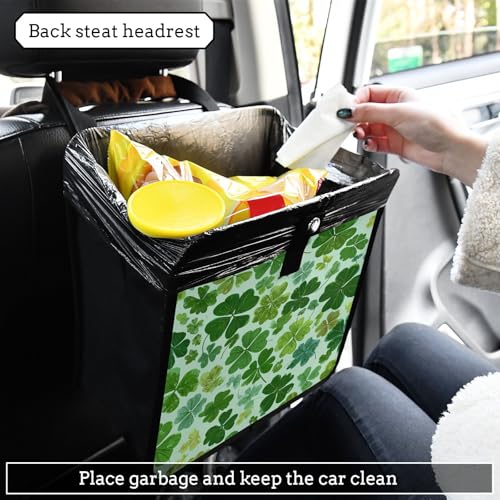 Image of Car Trash Can Organizer Bin with Adjustable Strap for Back Front Seat Console Waterproof Leakproof Collapsible Portable 11 Inch Green Nature St Patrick Clovers