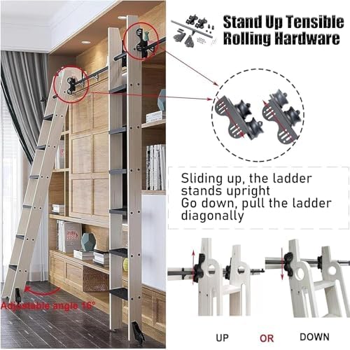 Retractable Library Rolling Ladder Hardware Kit - Sliding Black Track System with Floor Wheels & Brakes, Adjustable Tension Design for Smooth Gliding, Perfect for Home Libraries & Shelves