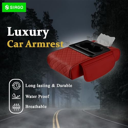 Image of SIAGO SIA399 Premium Car Armrest Cover | 5-in-1 Center Console Organizer with Cup Holder, Phone Slot, & Storage Bags | Anti-Slip PU Leather Cushion for Sedans & SUVs (Red)