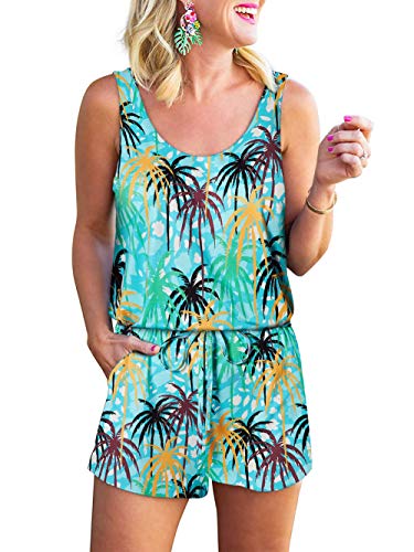 Womens Romper Summer Casual Cute Tank Top Short Pants Sleeveless Jumpsuit 3D Hawaiian Tropical Green Coconut Tree Printed Loose Crew Neck Elastic Waist Drawstring Cami Rompers With Pockets Jumpers