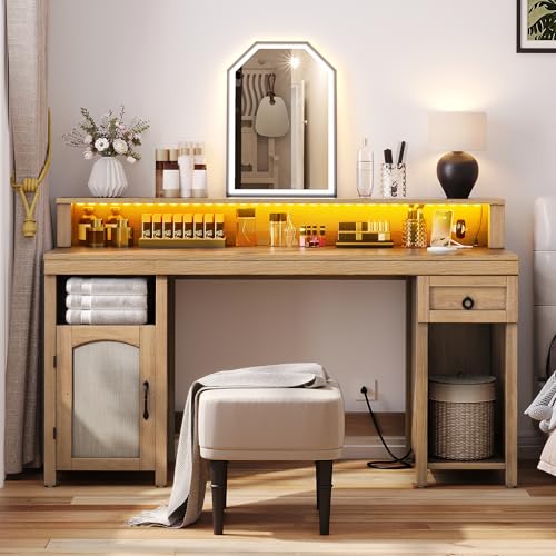 Image of DWVO L Shaped Desk with Drawers, 65 inch Corner Desk Computer Desk with Power Outlets & LED Lights, Home Office Desk with Storage Shelves & Printer Stand, Light Brown