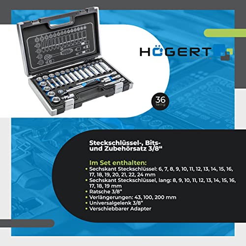 Image of Hogert Technik - Tool Set I Socket Wrench, Bits And Accessories 3 /8 Inch I Alloy Chrome Vanadium Steel I Deformation Resistant I Ratchet Mechanism With 72 Locking Locks I Ht1R465-36 Pieces,Hex