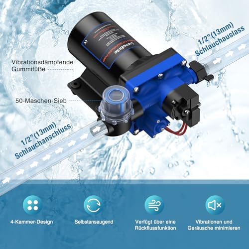 LumaBrite Wasserpumpe 12V Druckwasserpumpe, 6.0 GPM 70 PSI Wasserpumpe Selbstansaugend mit Druckschalter Wohnwagen 12v Membranpumpe für Camping Gartenbewässerung, Boote