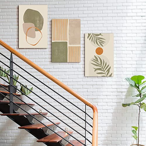 Boho Canvas Prints Wall Art Set Of 3, Mid-Century Modern Wall Decor, Abstract Green Geometric Line Neutral Illustrations Framed Bohemian Artwork For Living Room Bedroom Walls Decoration, 16"X24" #TOP4