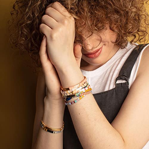 Sonateomber Tile Flat Beaded Stretch Strand Bracelets For Women - Trendy Boho Friendship Handmade White Yellow Gold Square Beads Stackable Elastic Beach Surfer Bracelet Fashion Jewelry Gifts thumb #3